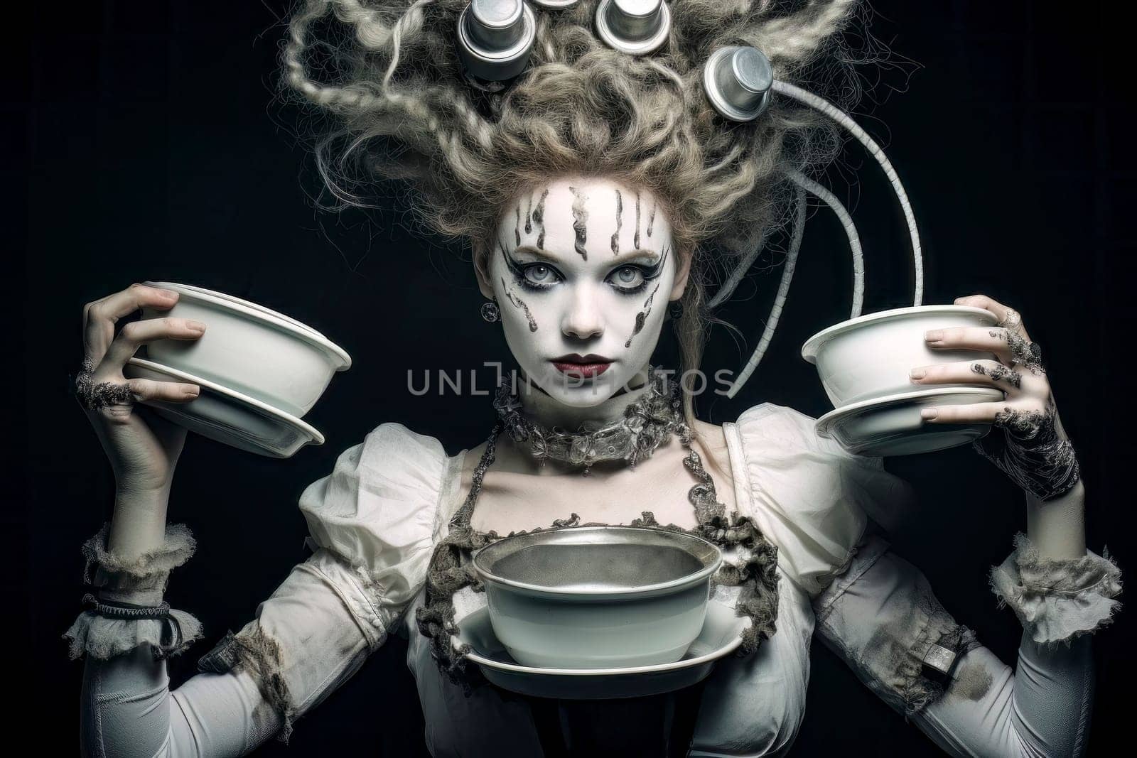 A powerful image depicting a woman embodying the concept of madness and insanity with intense expression.