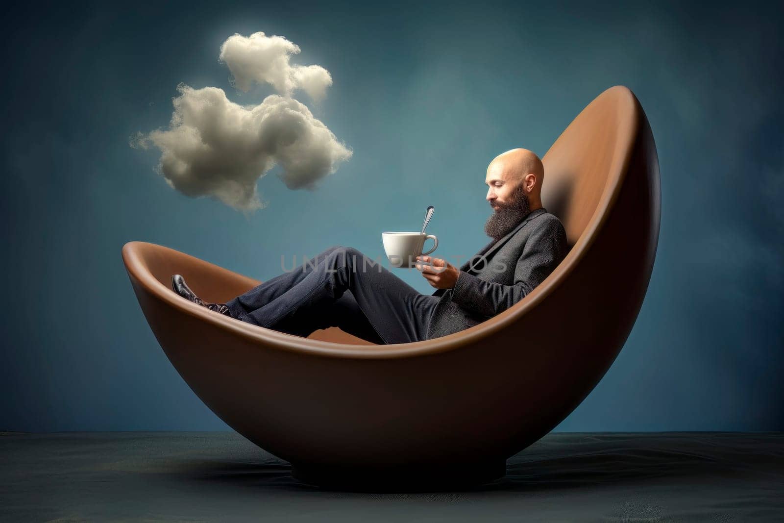 Unique surreal artwork featuring a man at ease, holding a mug.