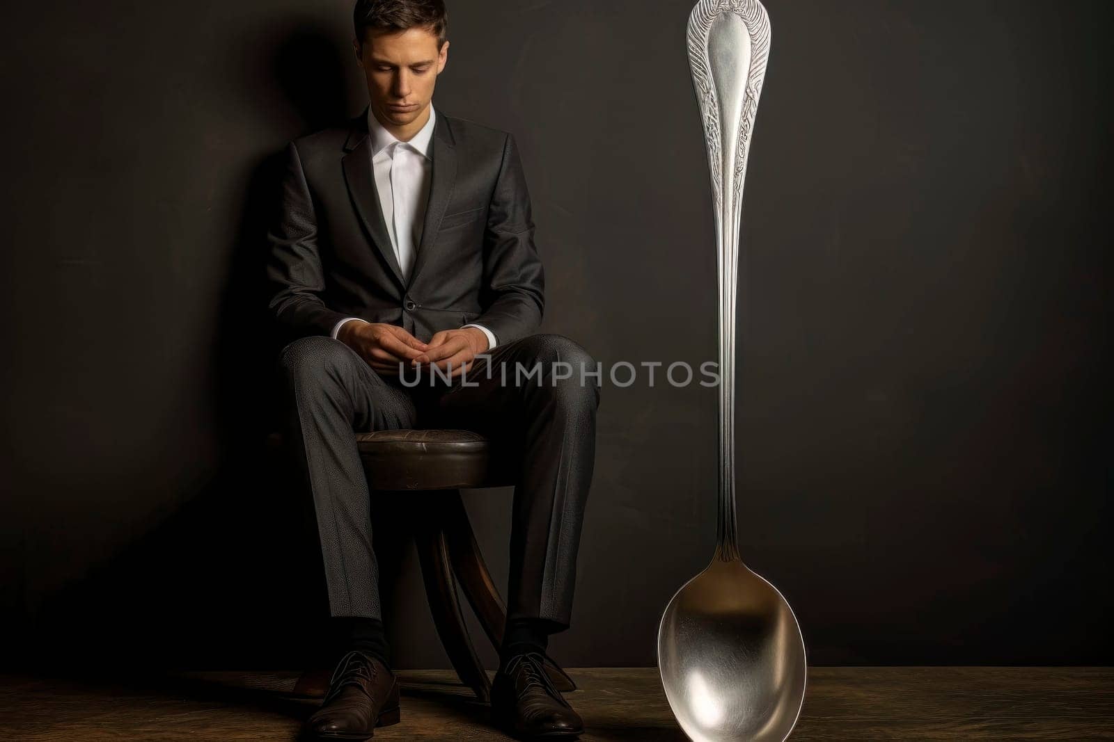 Intriguing surreal art of a seated, melancholic man with an oversized spoon