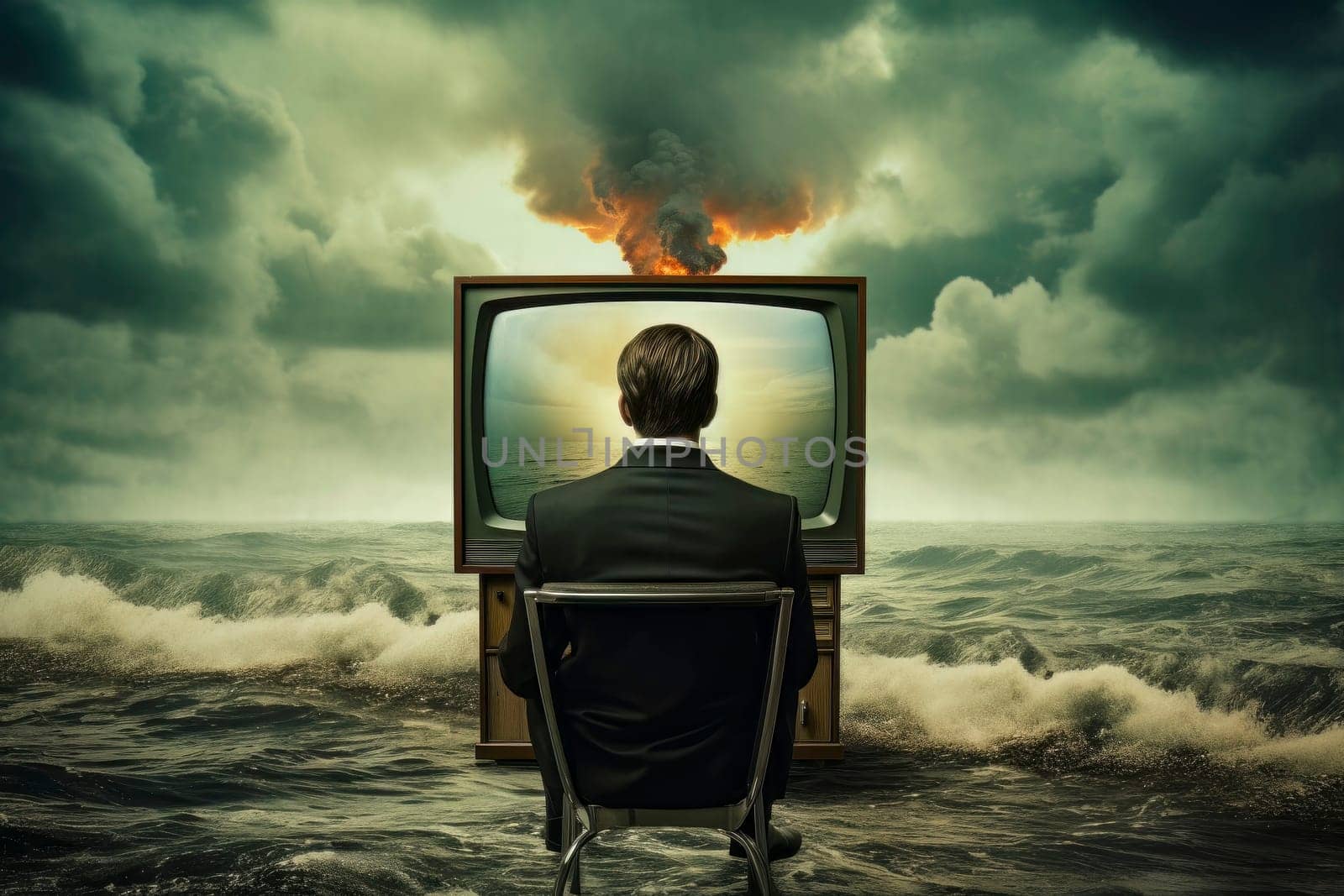 Bizarre art of man engrossed in TV by the sea, oblivious to nuclear blast.