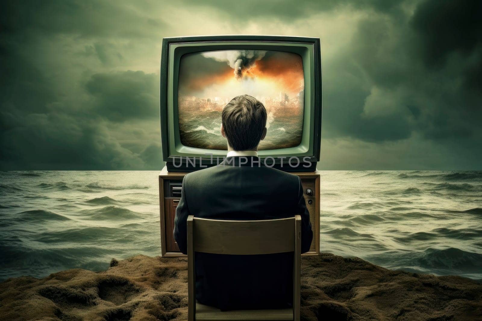 Surreal Illustration of Man Watching TV by Sea with Nuclear Explosion Behind by pippocarlot