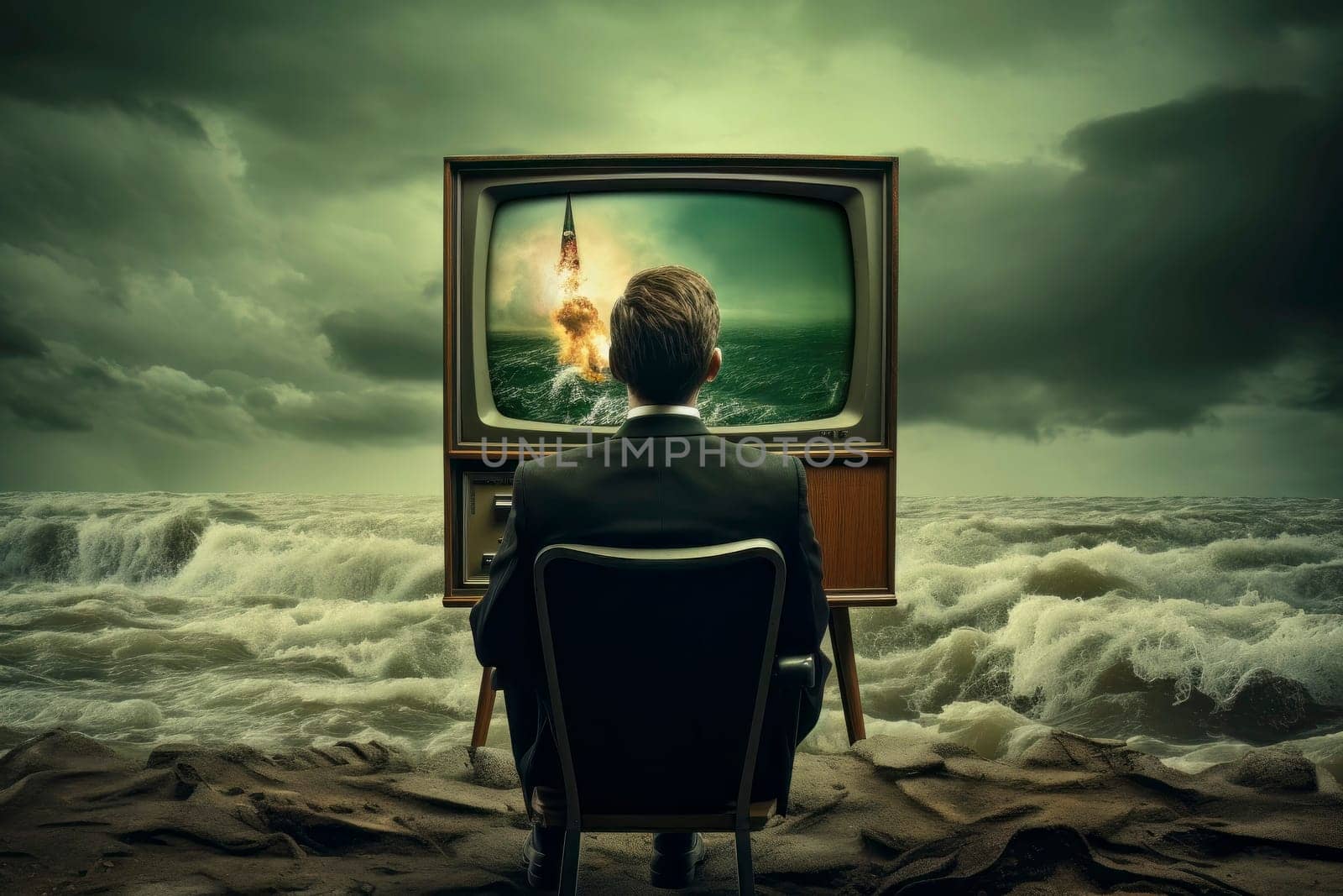 Surreal Illustration of Man Watching TV by Sea with Nuclear Explosion Behind by pippocarlot