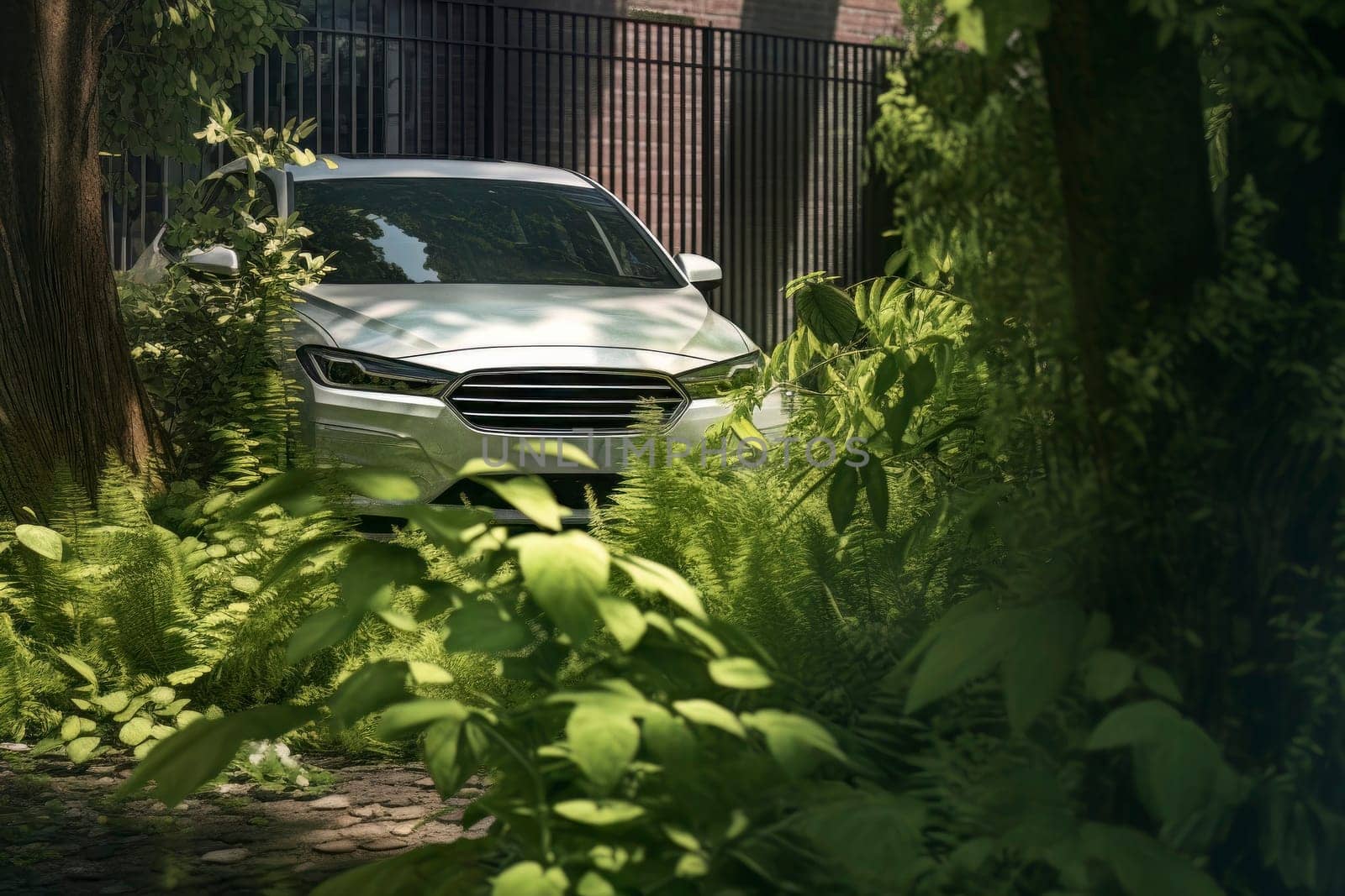 Picture of a car parked serenely among vibrant green foliage.