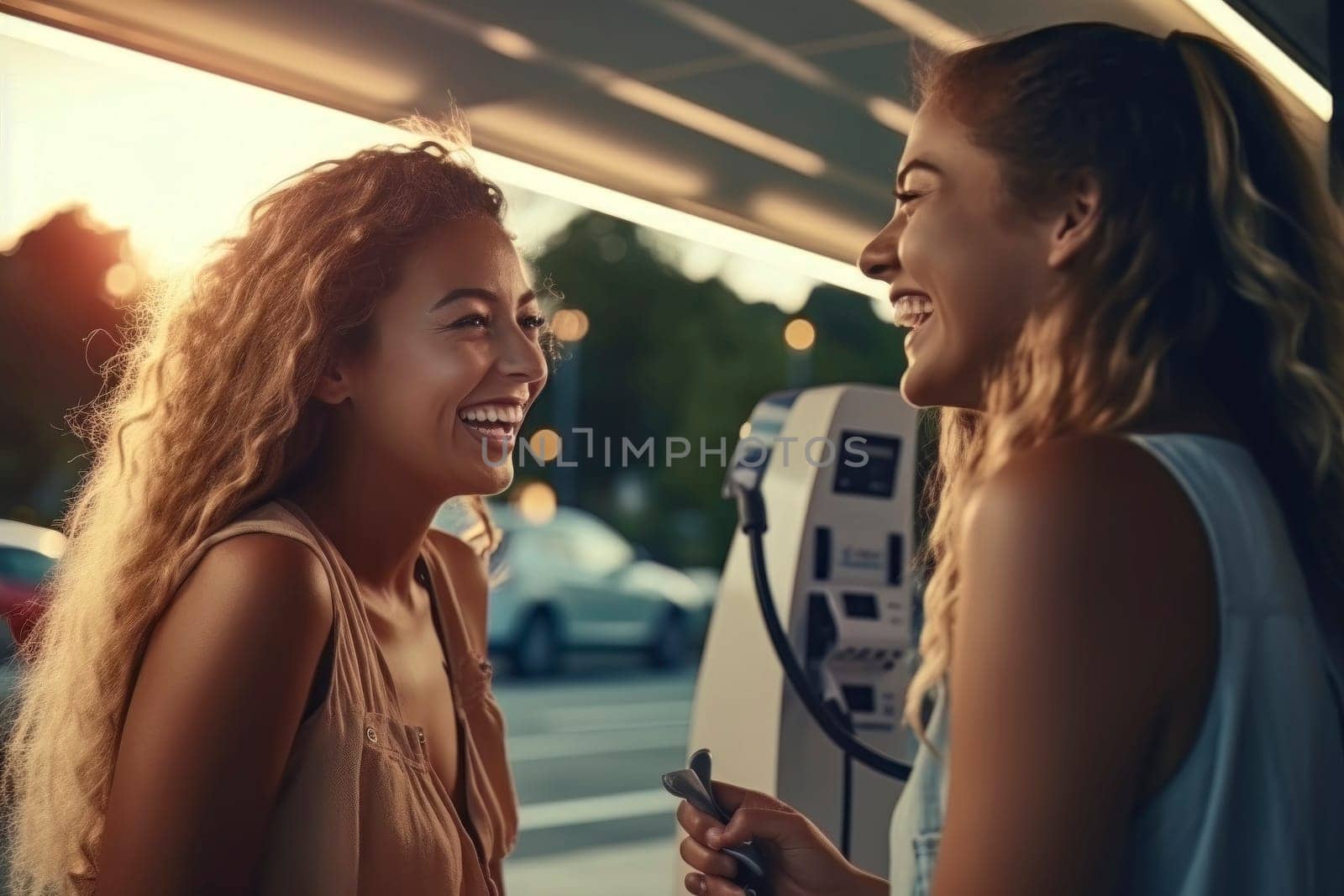 Image of jovial girls engaging in cheerful conversation during a city meet.