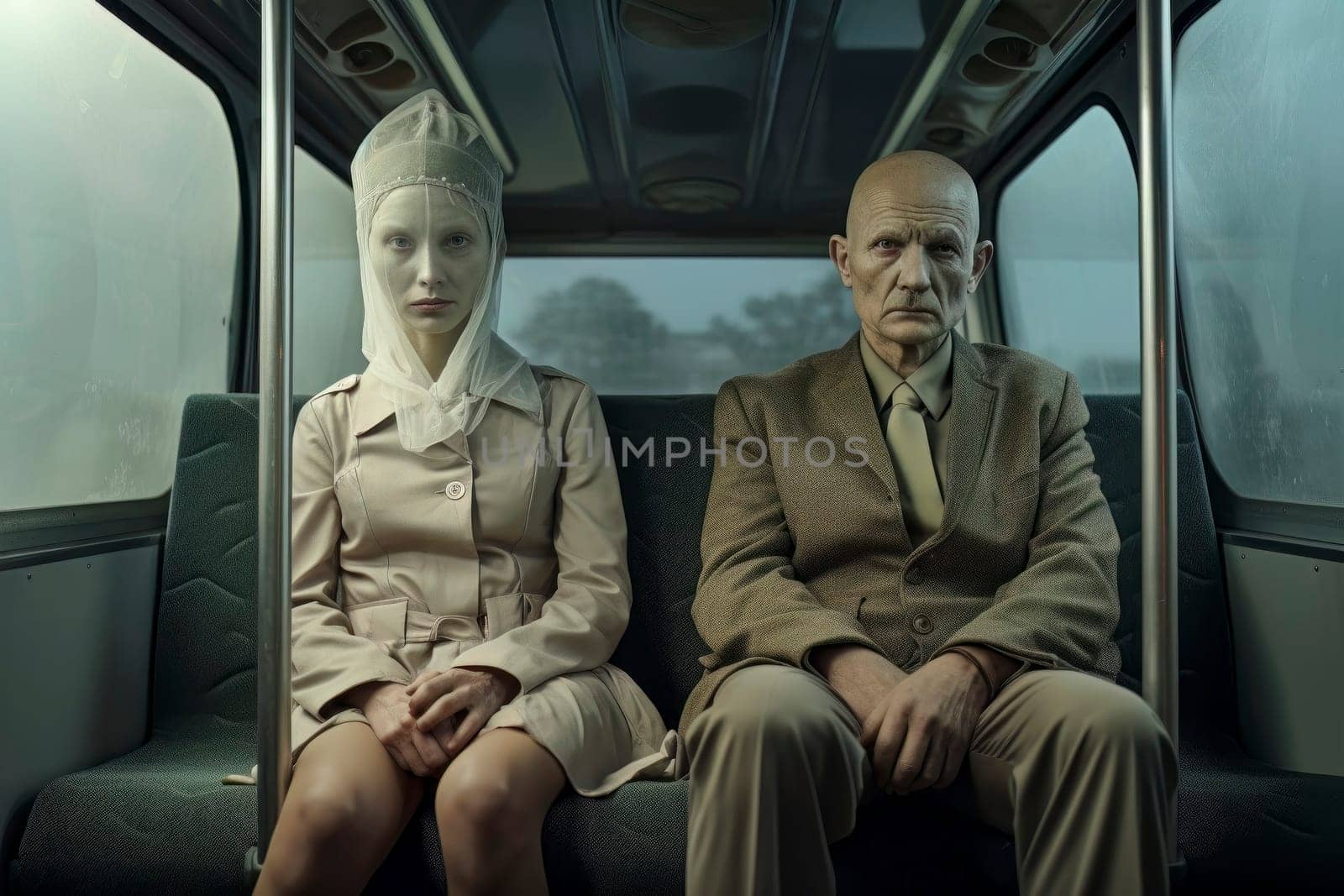 Expressionless Couple on Bus Symbolizing Hypnotized Western Society by pippocarlot