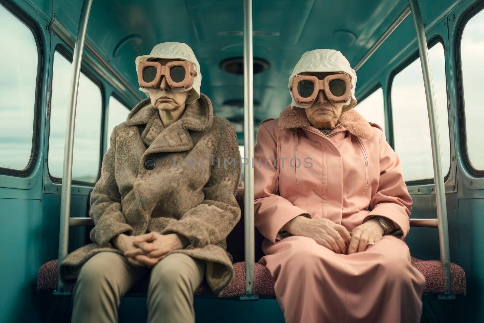 Image of two elderly women on a bus, their vacant expressions symbolizing an apathetic society.