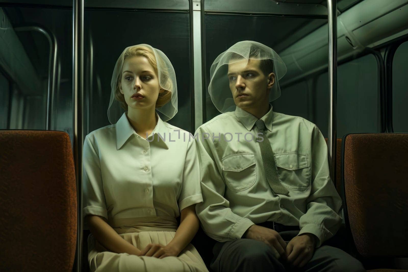 Image of man and woman on bus, their blank expressions symbolizing a desensitized society.