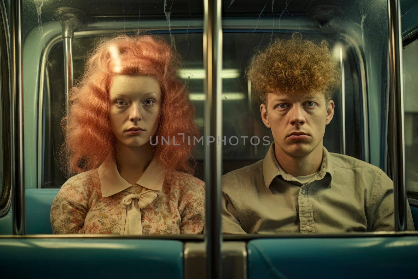 Image of man and woman on bus, their blank expressions symbolizing a desensitized society.