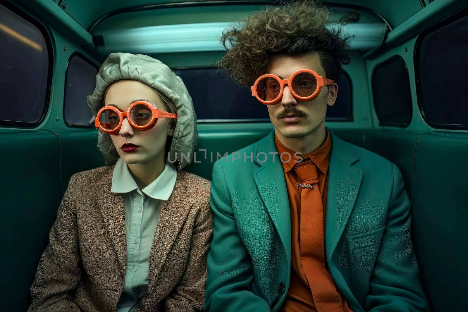 Image of man and woman on bus, their blank expressions symbolizing a desensitized society.