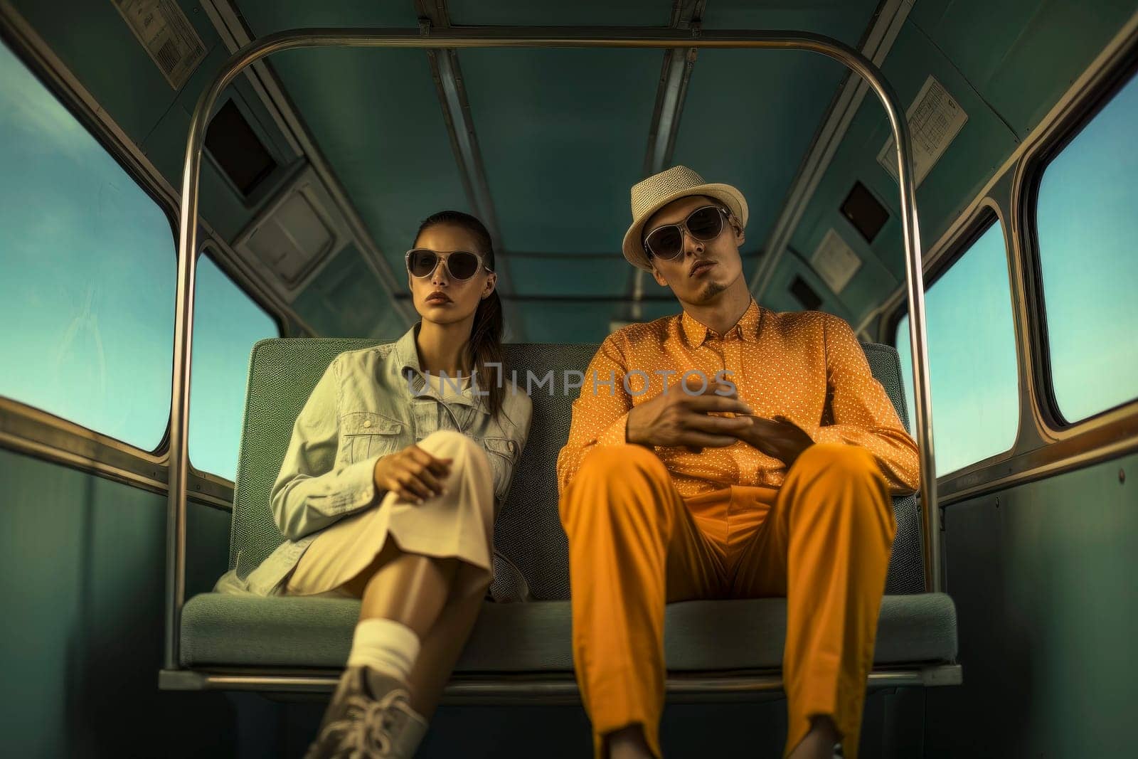 Image of man and woman on bus, their blank expressions symbolizing a desensitized society.