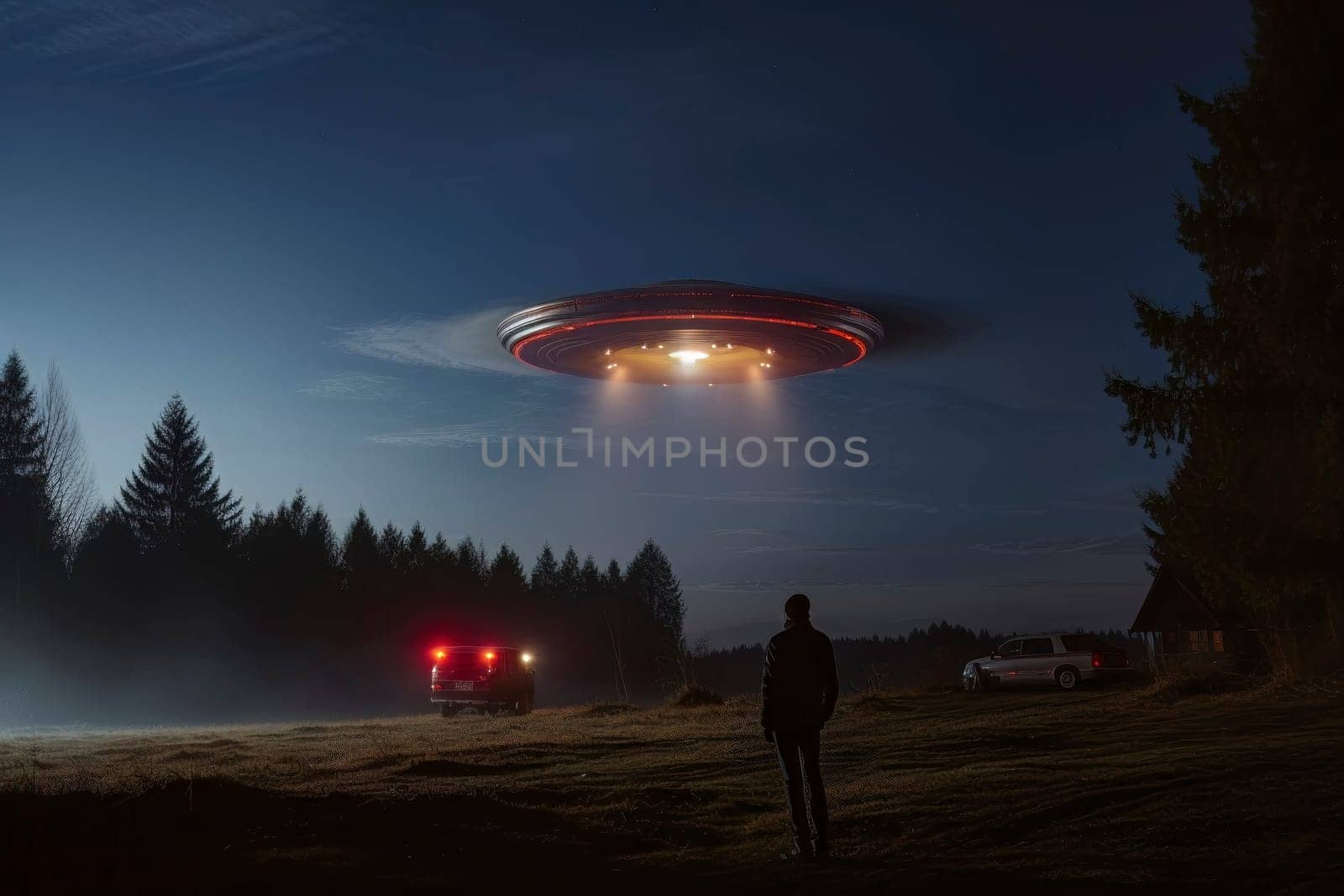 Image of a UFO in the night sky, depicting an alien abduction