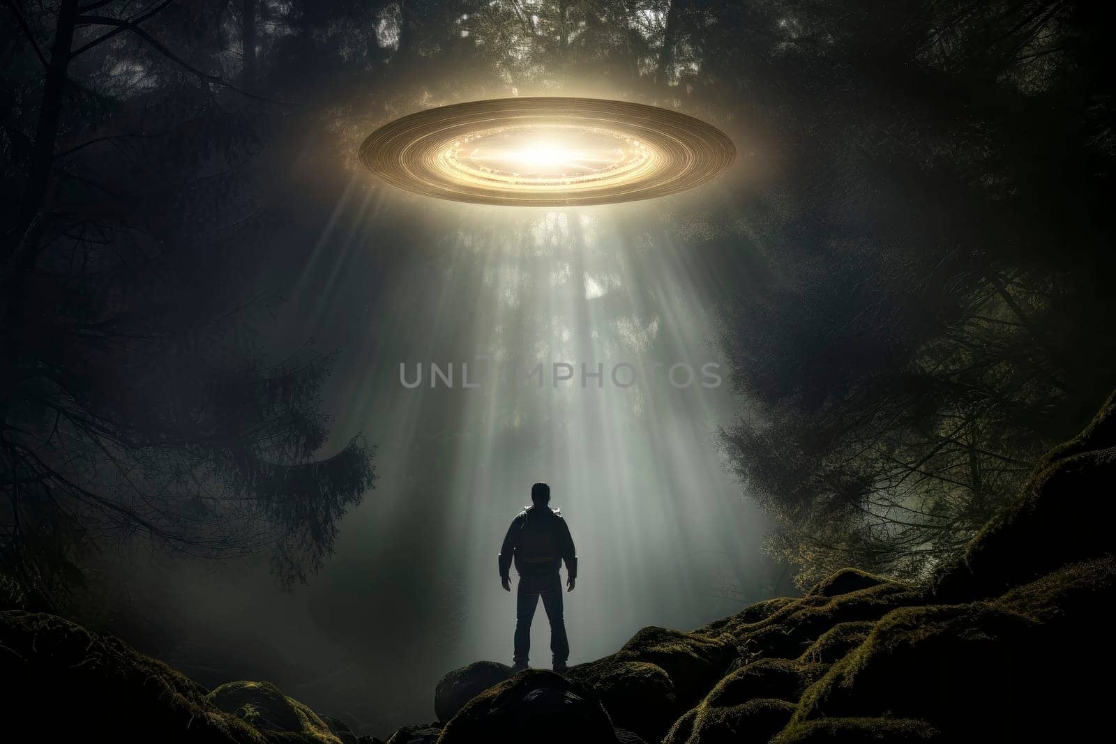 Image of a UFO in the night sky, depicting an alien abduction