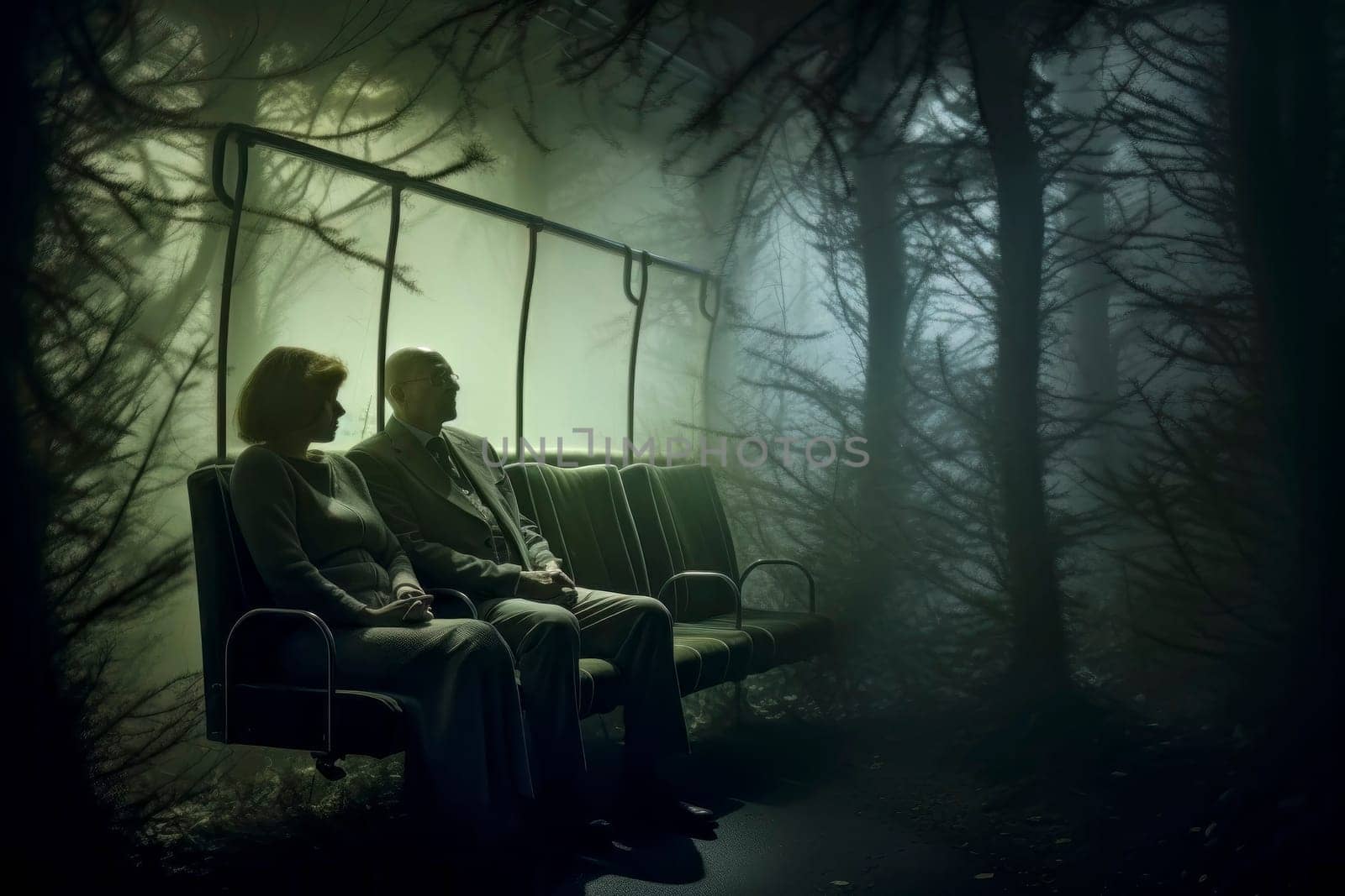 Surreal image depicting a man and woman sitting on a journey towards death.