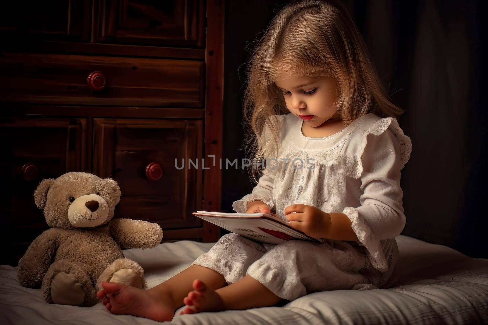 Image depicting a little girl with her teddy bear, captivated by a smartphone, symbolizing the modern generation's fixation on social media.