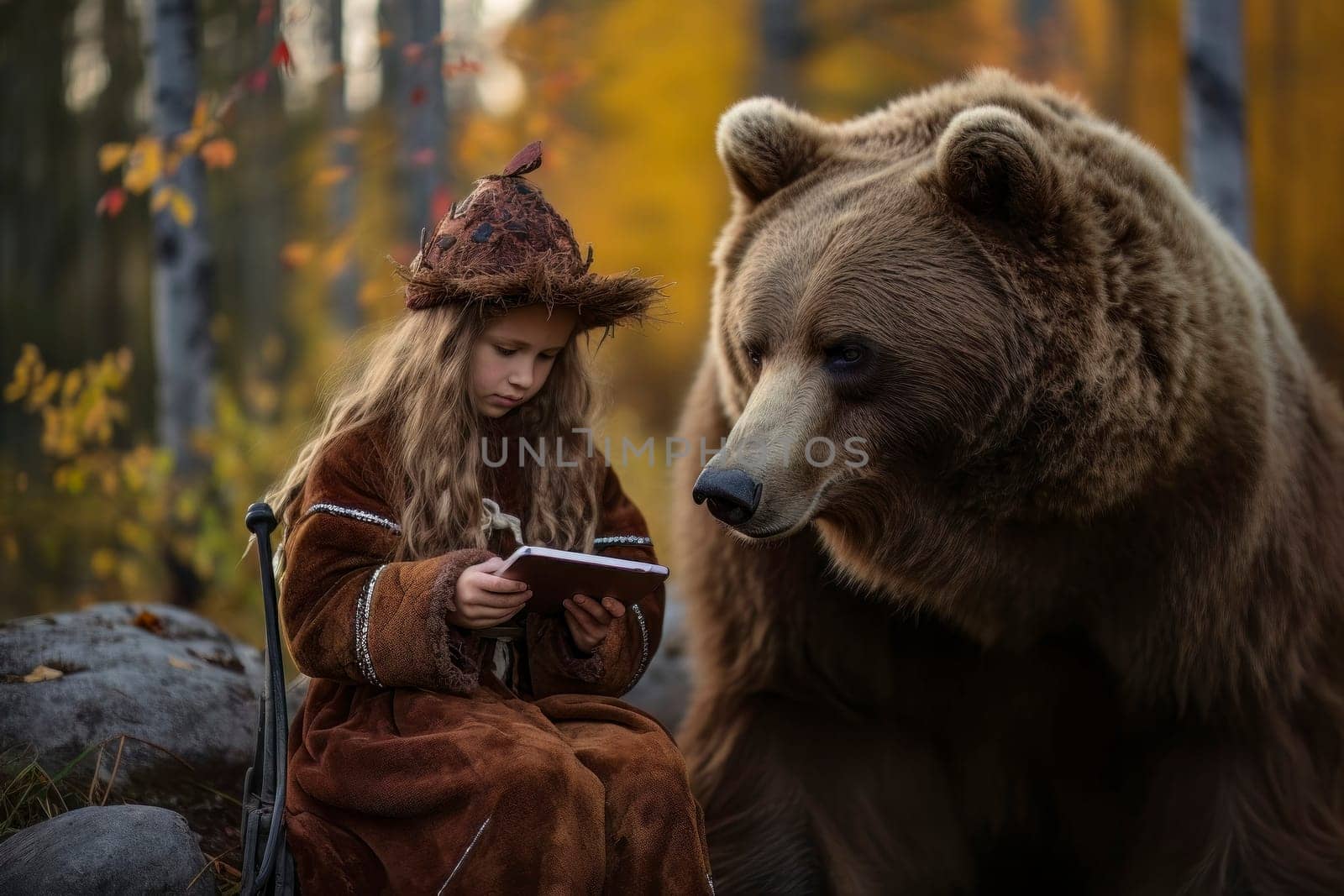 Image portraying a little girl with her fairy bear engrossed in a smartphone, symbolizing the hypnotic impact of social media on modern generations.