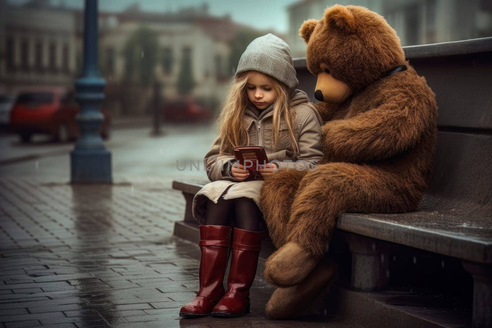 Image depicting a little girl with her teddy bear, captivated by a smartphone, symbolizing the modern generation's fixation on social media.