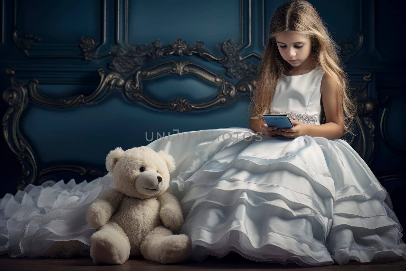 Modern Generation: Little Girl with Teddy Bear Engrossed in Smartphone by pippocarlot