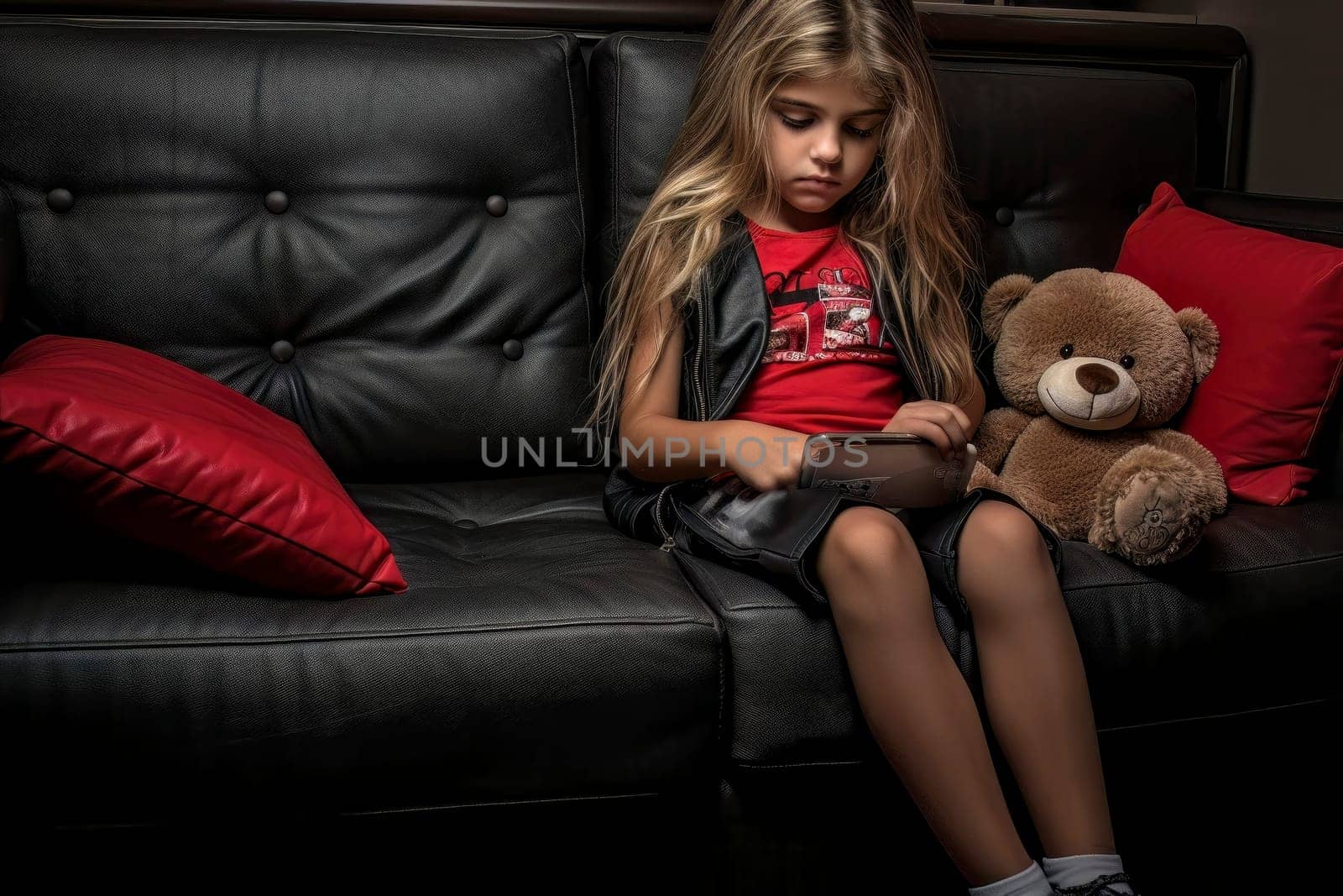 Image depicting a little girl with her teddy bear, captivated by a smartphone, symbolizing the modern generation's fixation on social media.