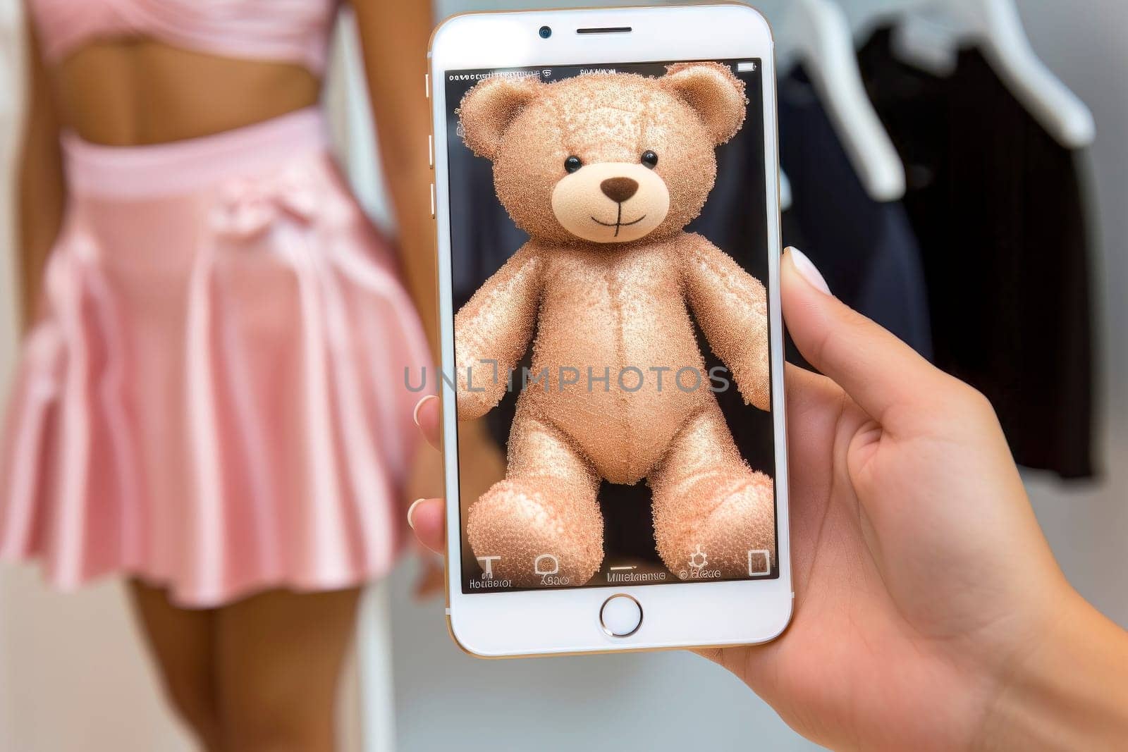 Image featuring a smartphone displaying a picture of a teddy bear, symbolizing childhood memories