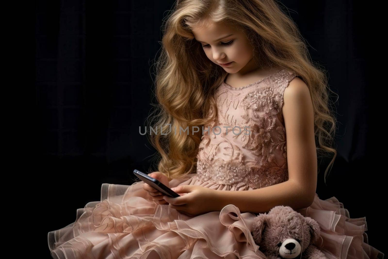 Image depicting a little girl with her teddy bear, captivated by a smartphone, symbolizing the modern generation's fixation on social media.