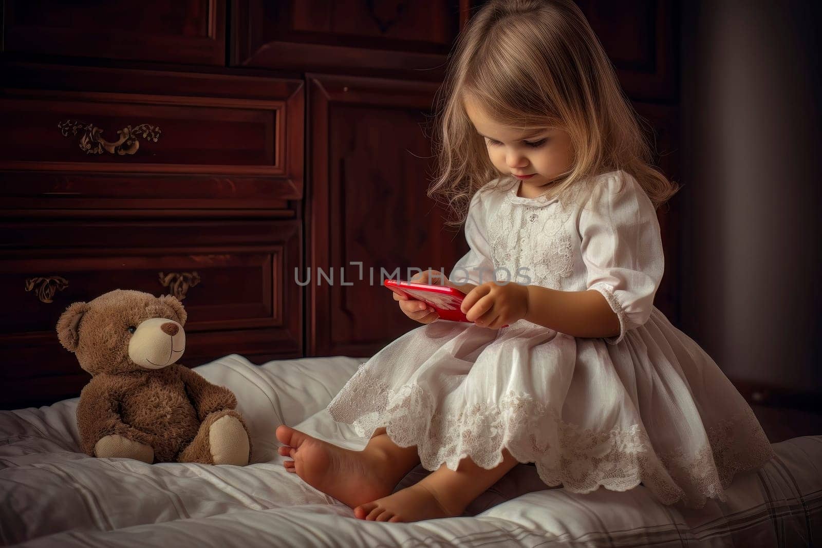 Image depicting a little girl with her teddy bear, captivated by a smartphone, symbolizing the modern generation's fixation on social media.