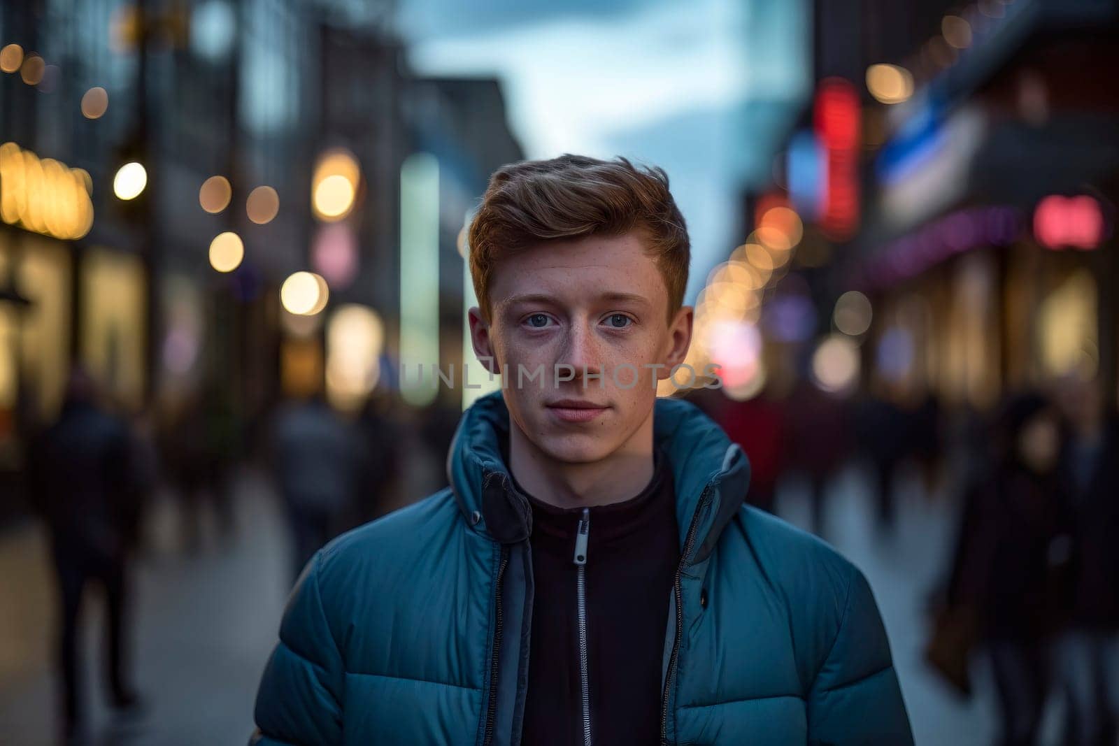 Image of a young man appearing dazed and lost in the hustle and bustle of the city.