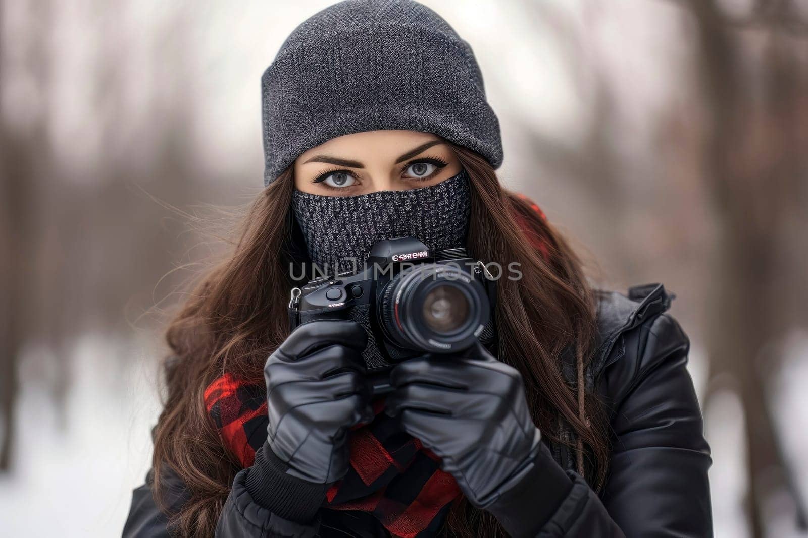 Image of a photographer braving the cold weather, holding a DSLR camera and wearing a scarf to protect her mouth.