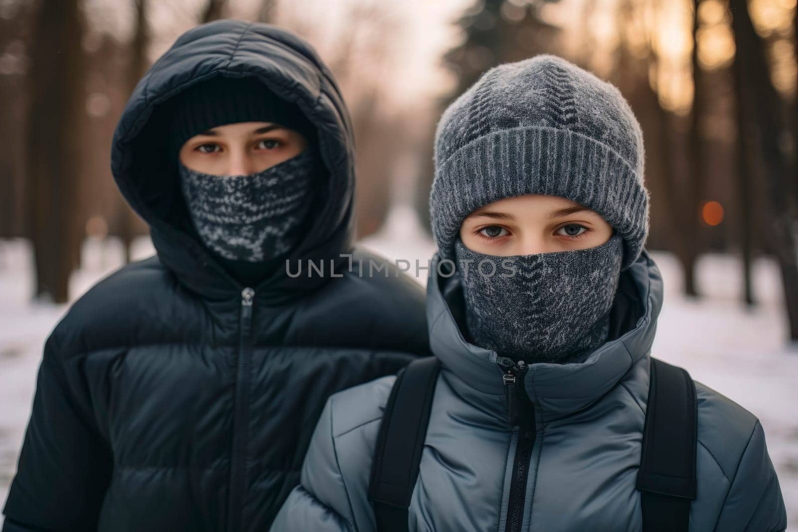 Image of a couple of travelers braving the cold weather, wearing scarves to protect their mouths