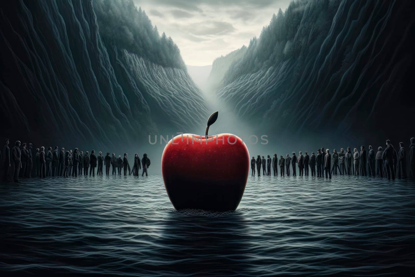 A surreal image featuring a red apple amidst a river of people, symbolizing the concept of original sin.