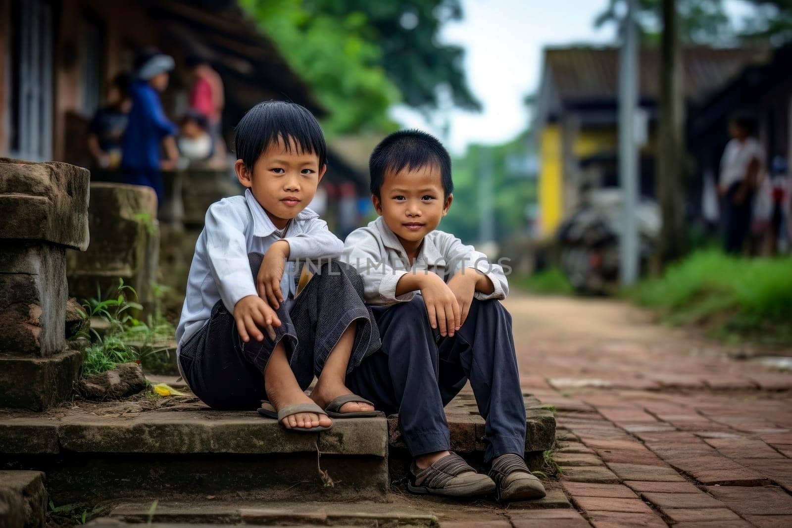 A poignant image capturing impoverished Asian siblings sitting together, showcasing resilience and unity.