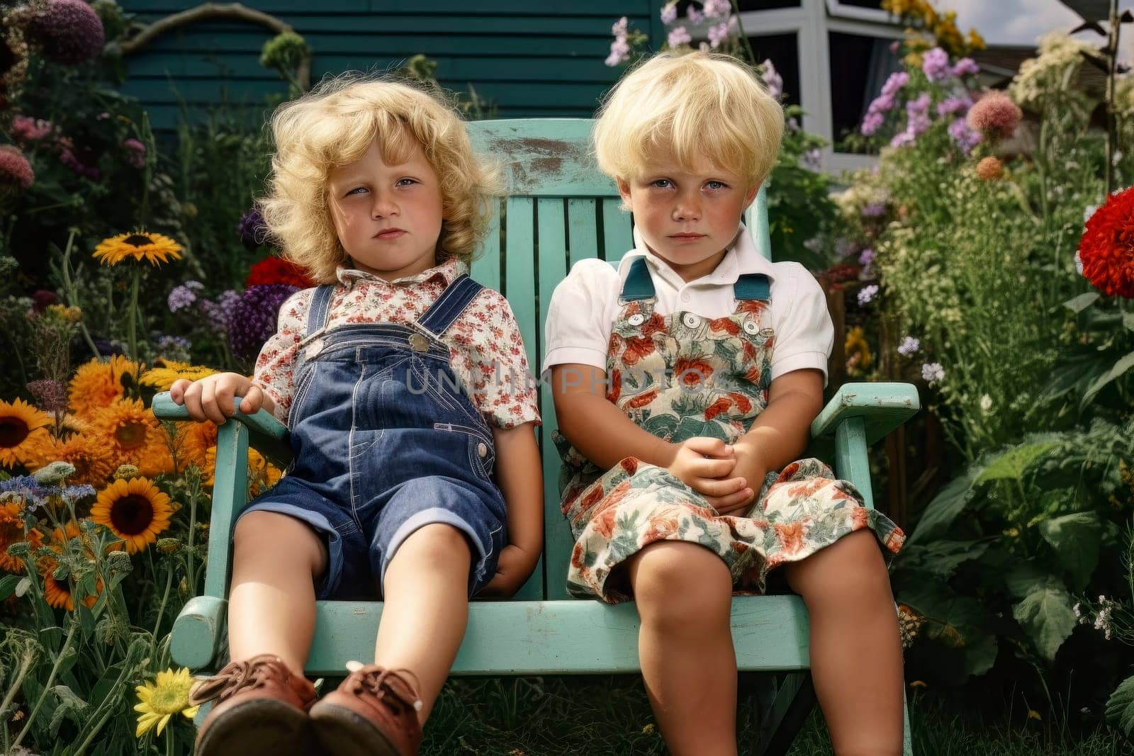 A heartwarming family portrait capturing Caucasian blonde siblings seated in a beautiful garden setting.