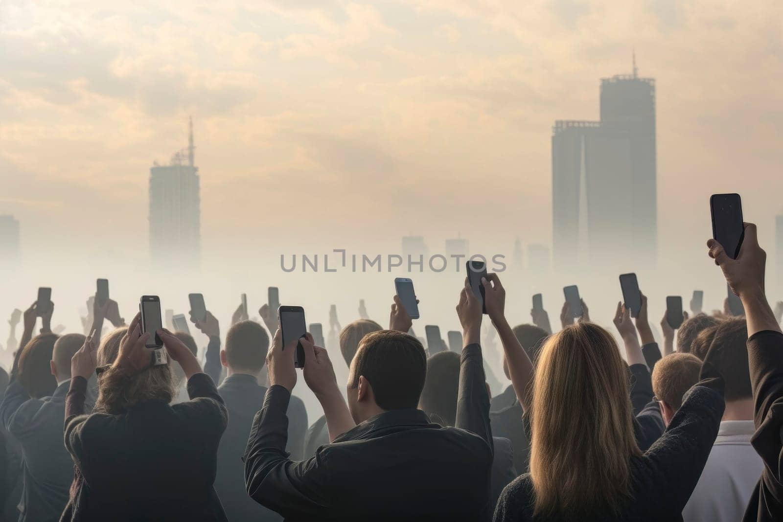 A captivating image of a crowd in the city, holding smartphones up to the sky, symbolizing the emergence of a new deity.