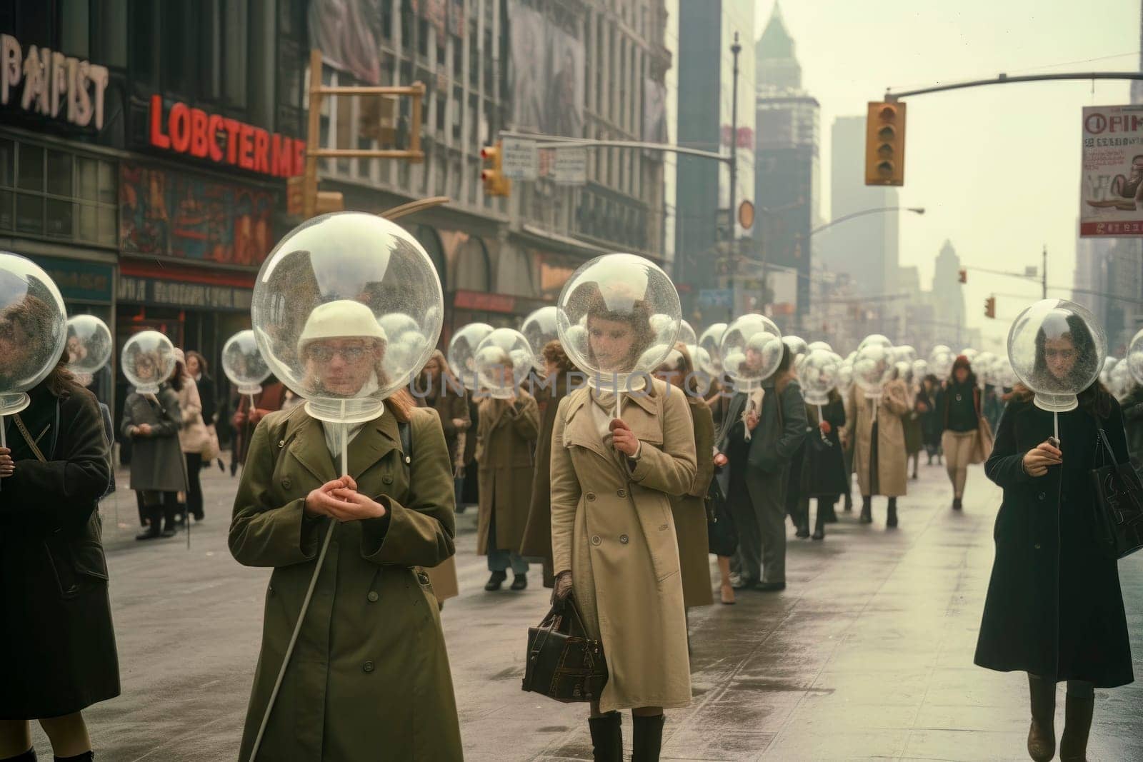 A thought-provoking image featuring people walking in the city with a bubble over their heads, symbolizing social isolation.