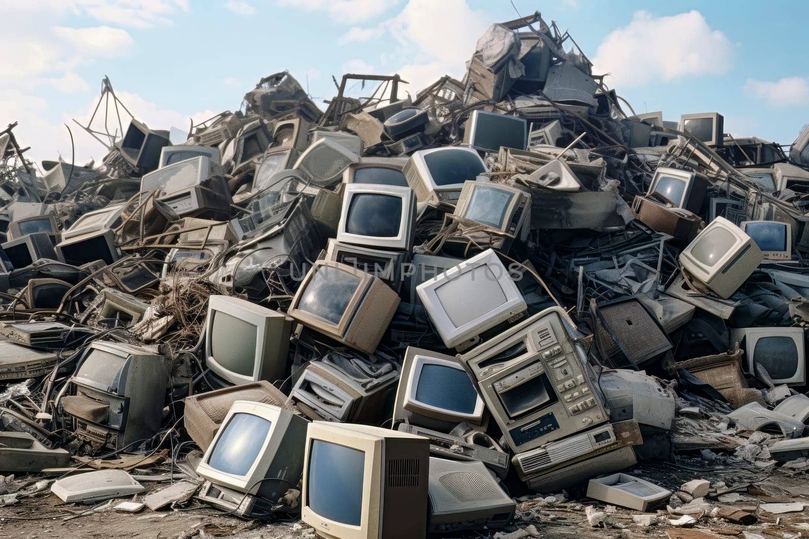 An impactful image capturing a pile of old computers discarded in a landfill, symbolizing technological obsolescence.