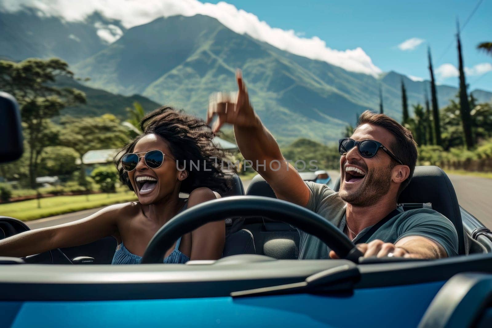 A delightful image capturing a happy couple driving a convertible car on a road trip, enjoying their holiday.
