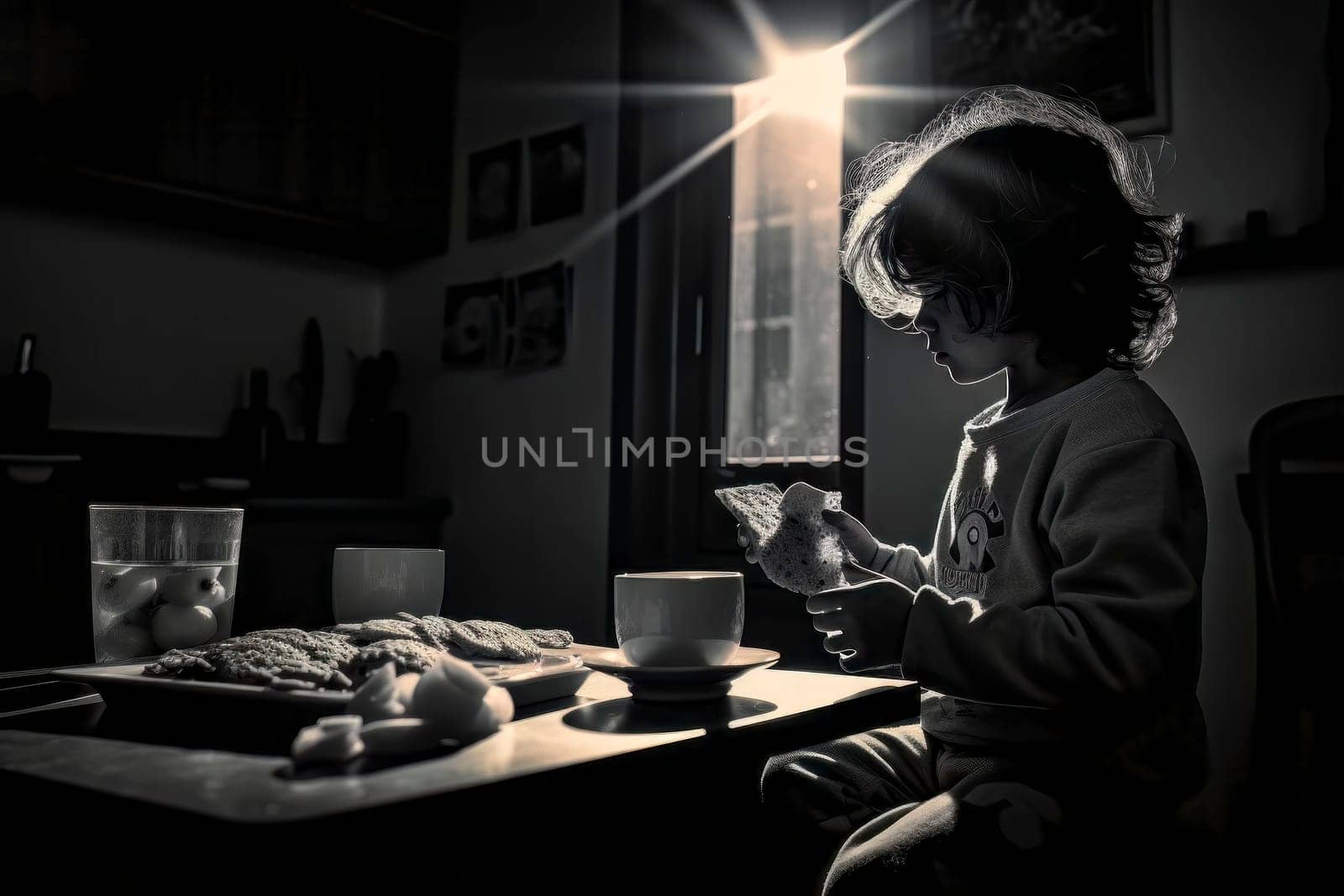 An evocative image of a child eating alone in a dimly lit house, capturing a sense of solitude and introspection.
