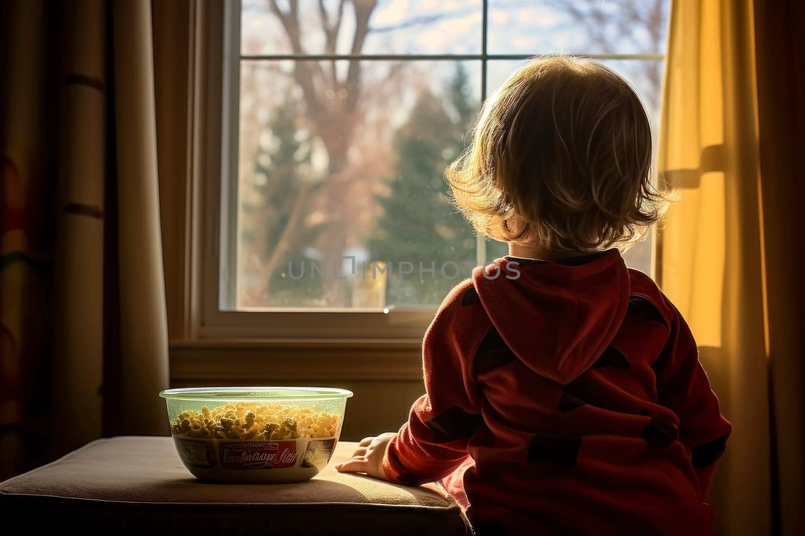 A thought-provoking image of a child consuming industrial junk food at home, highlighting unhealthy eating choices.