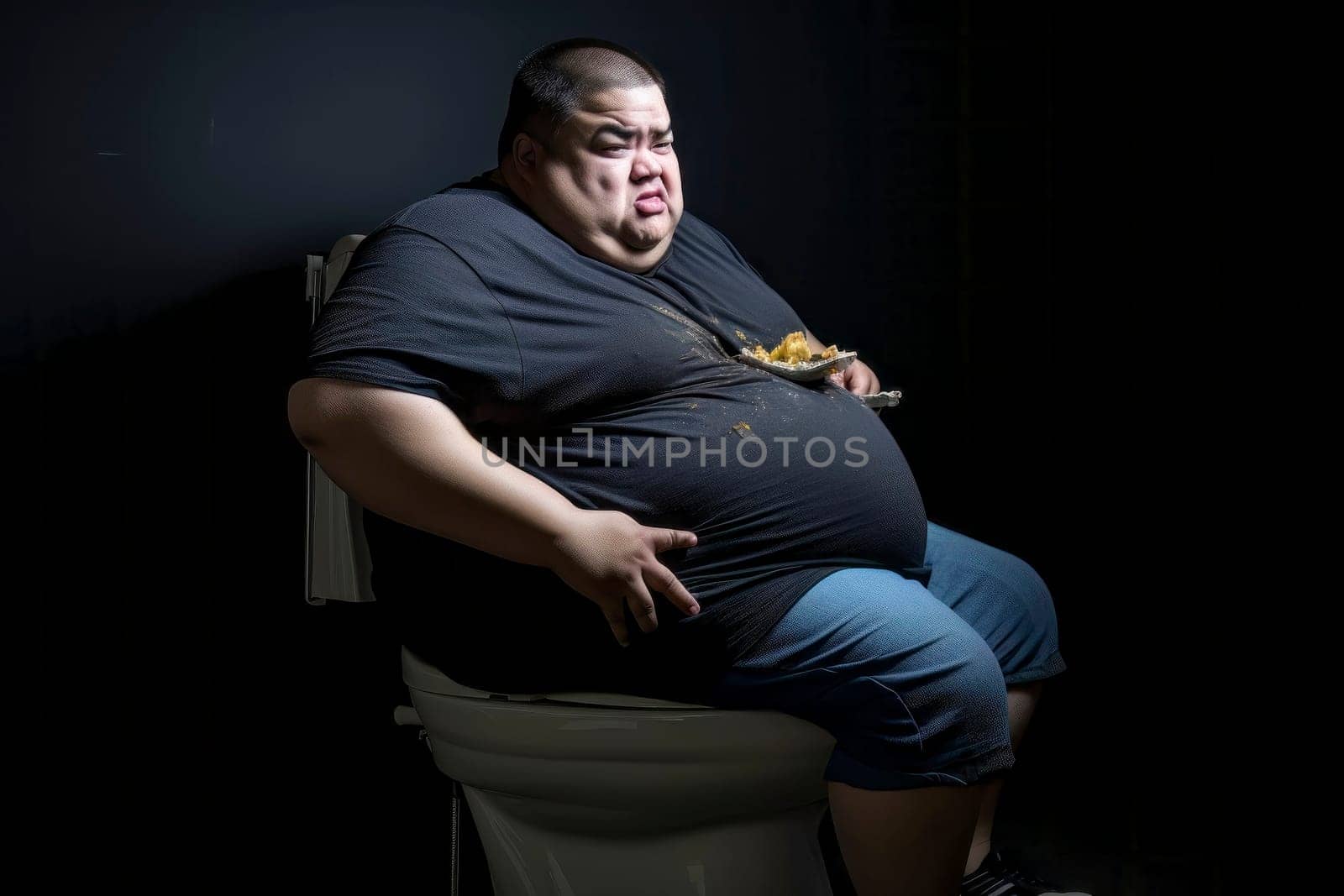 A thought-provoking image of an obese man indulging while sitting on the toilet, his vacant gaze seeking temporary relief from life's disappointments.