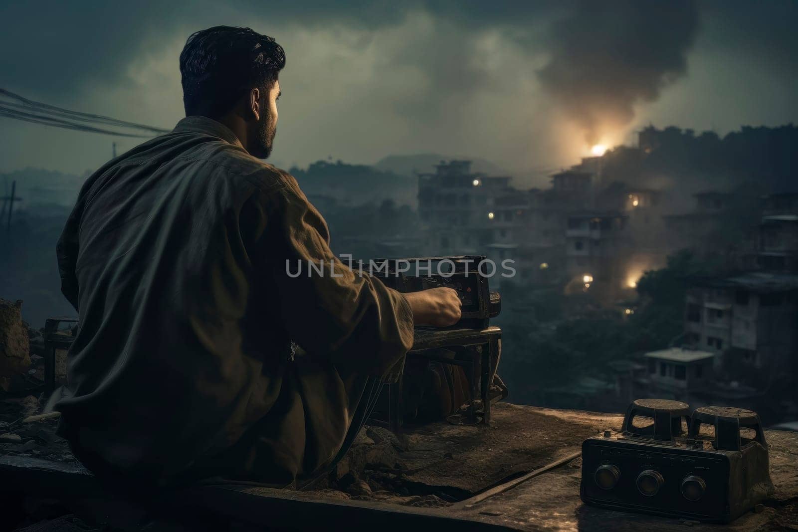 A powerful image capturing a man observing the devastation and destruction of a city.