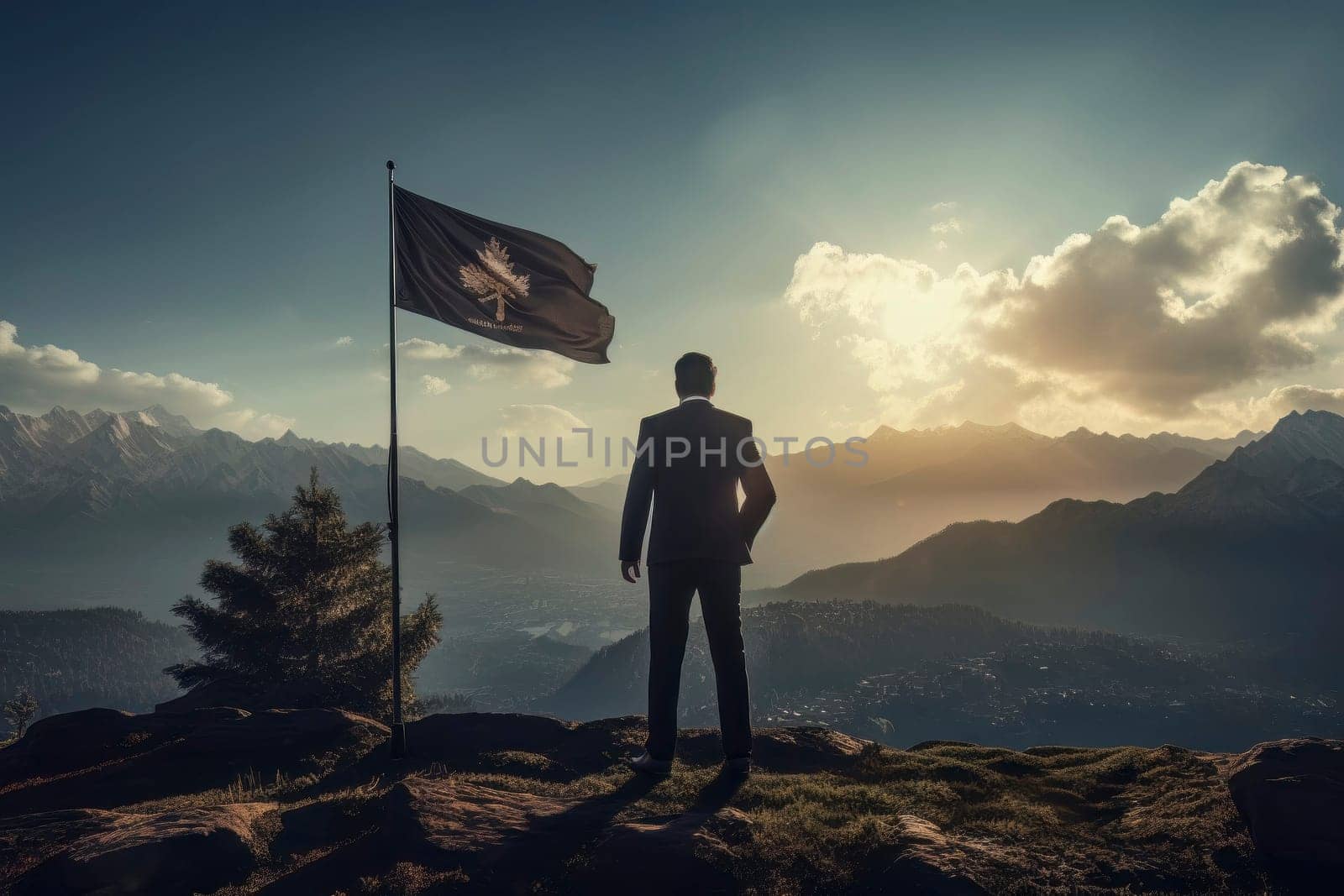 An inspiring image of a man standing atop a mountain peak, proudly holding a flag as a symbol of accomplishment.