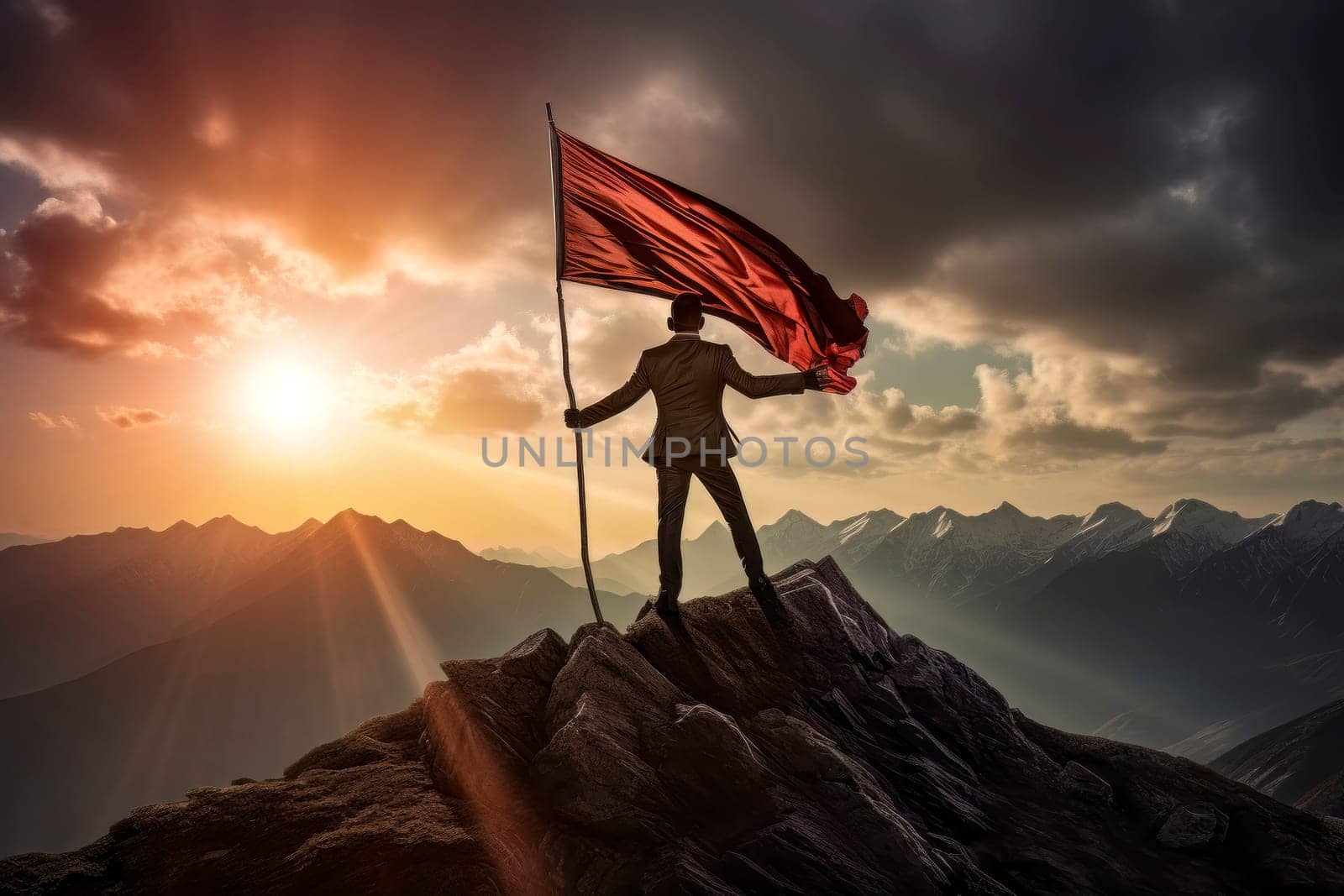 An inspiring image of a man standing atop a mountain peak, proudly holding a flag as a symbol of accomplishment.