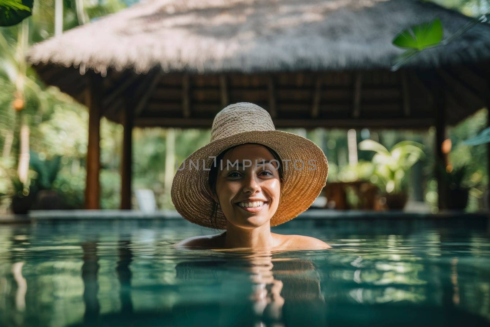A tranquil image of a girl swimming in a luxurious resort pool, radiating relaxation and enjoyment. by pippocarlot