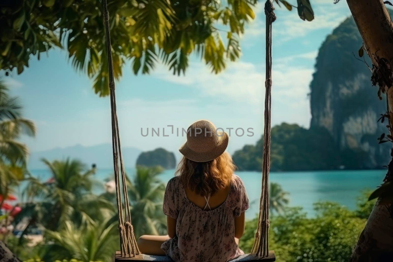 A traveler woman finds tranquility and relaxation as she swings above the crystal-clear waters of the Andaman Sea.