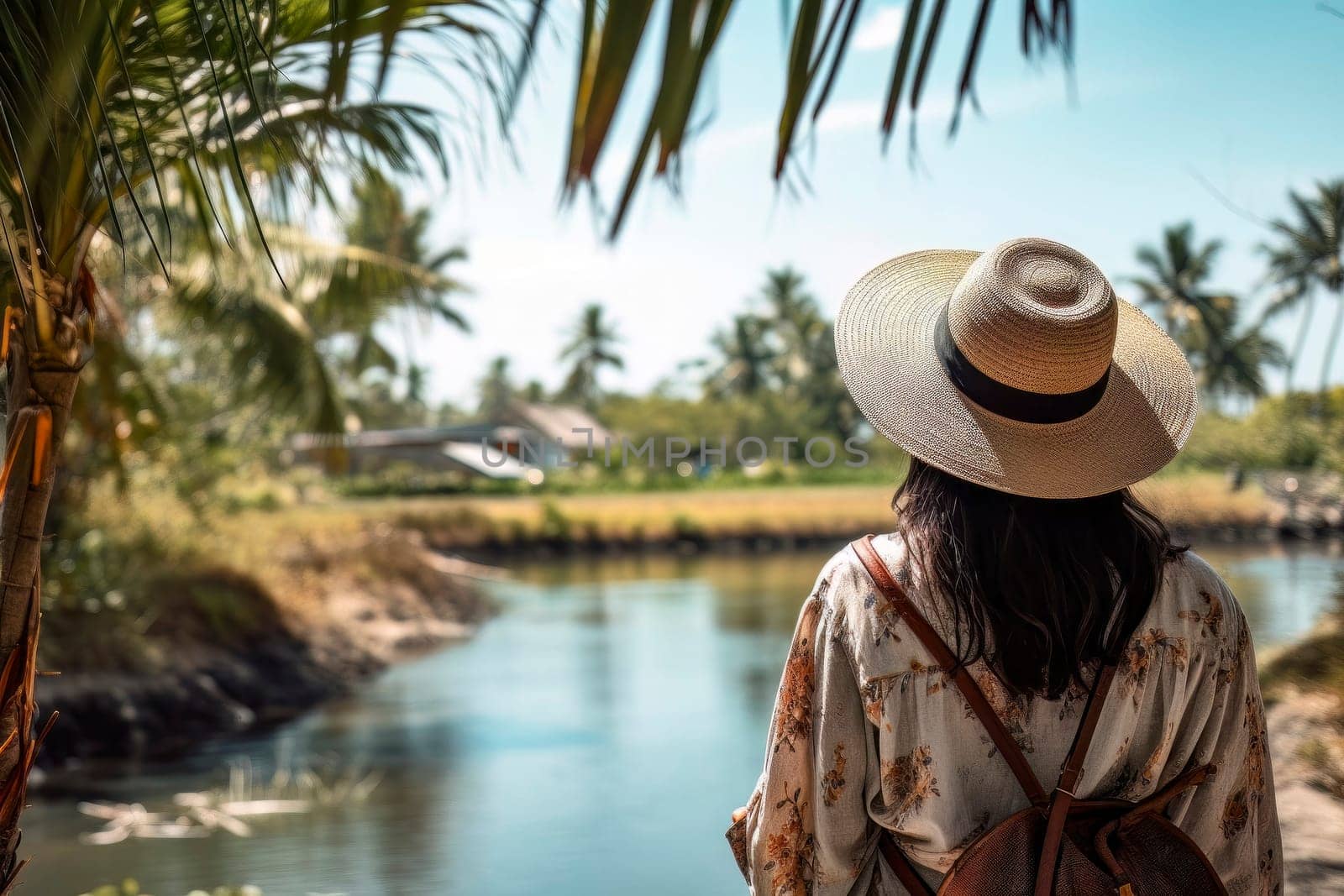 A traveling woman, with backpack and straw hat, gazes at a scenic river in a lush tropical setting.