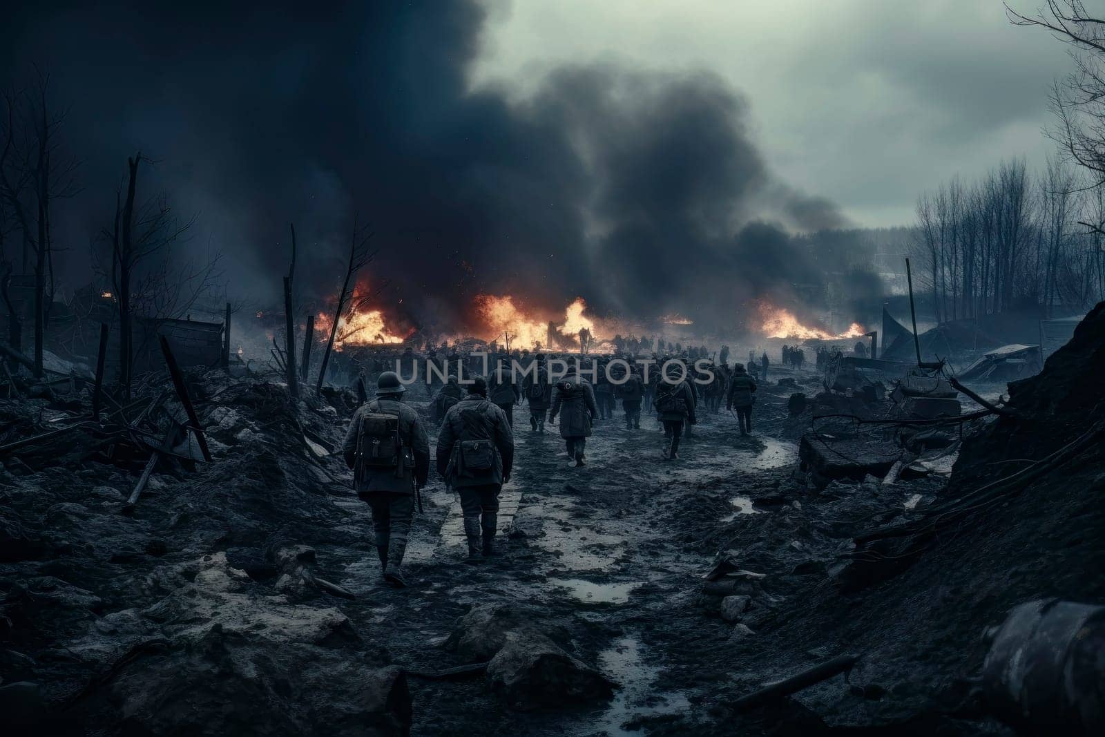 A powerful image capturing the aftermath of a war, depicting scenes of devastation and destruction.