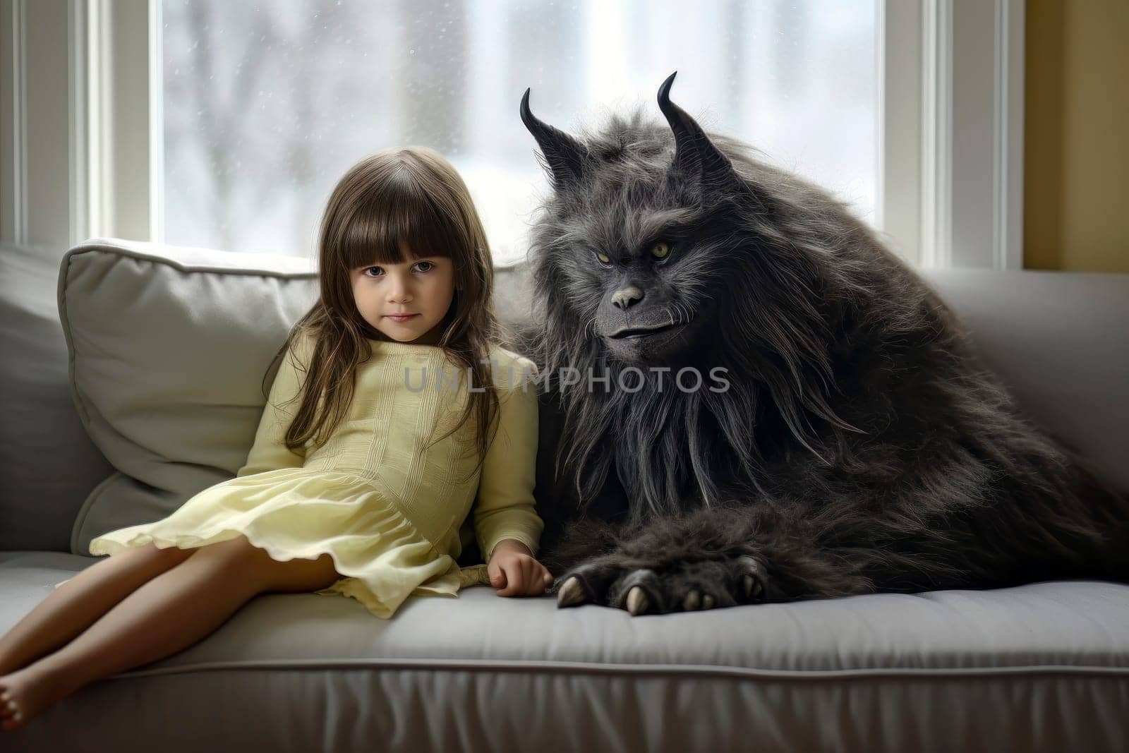A captivating image of a girl sitting on a couch with a haunting presence of a demon. Contrasting innocence and darkness.