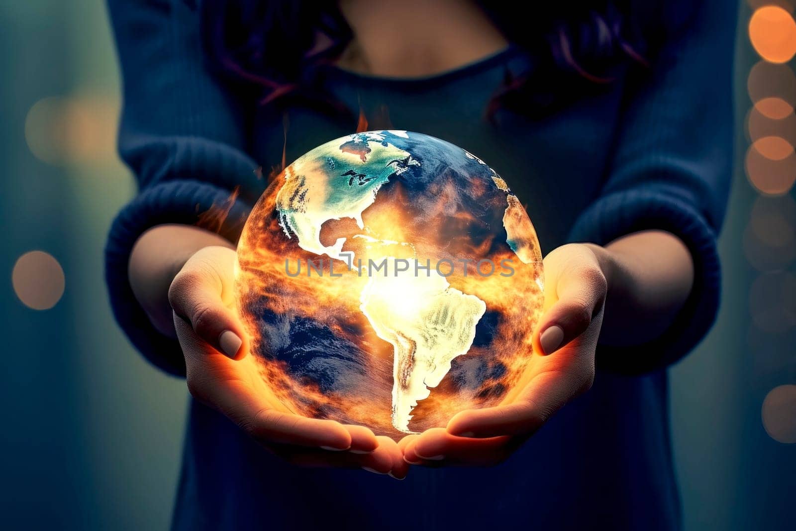 A powerful image portraying female hands holding a burning earth, symbolizing the planet's destruction.