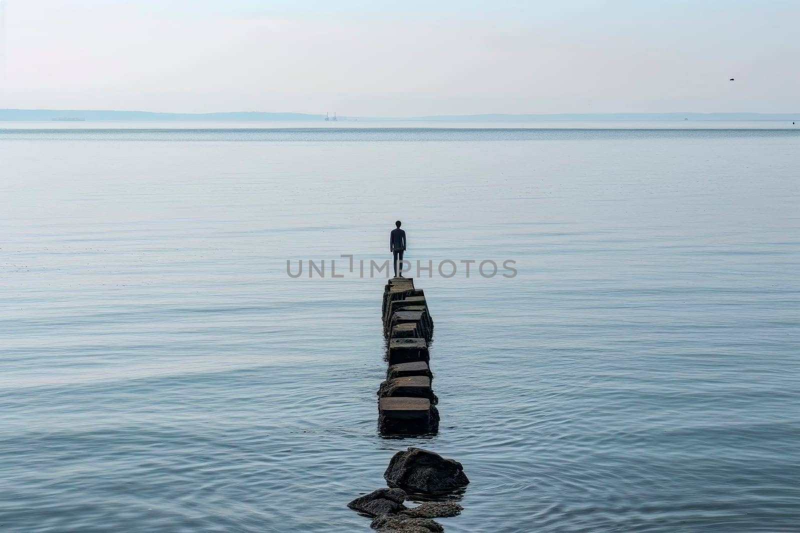 Wide shot capturing the serene silhouette of a lonely person on a sea pier.