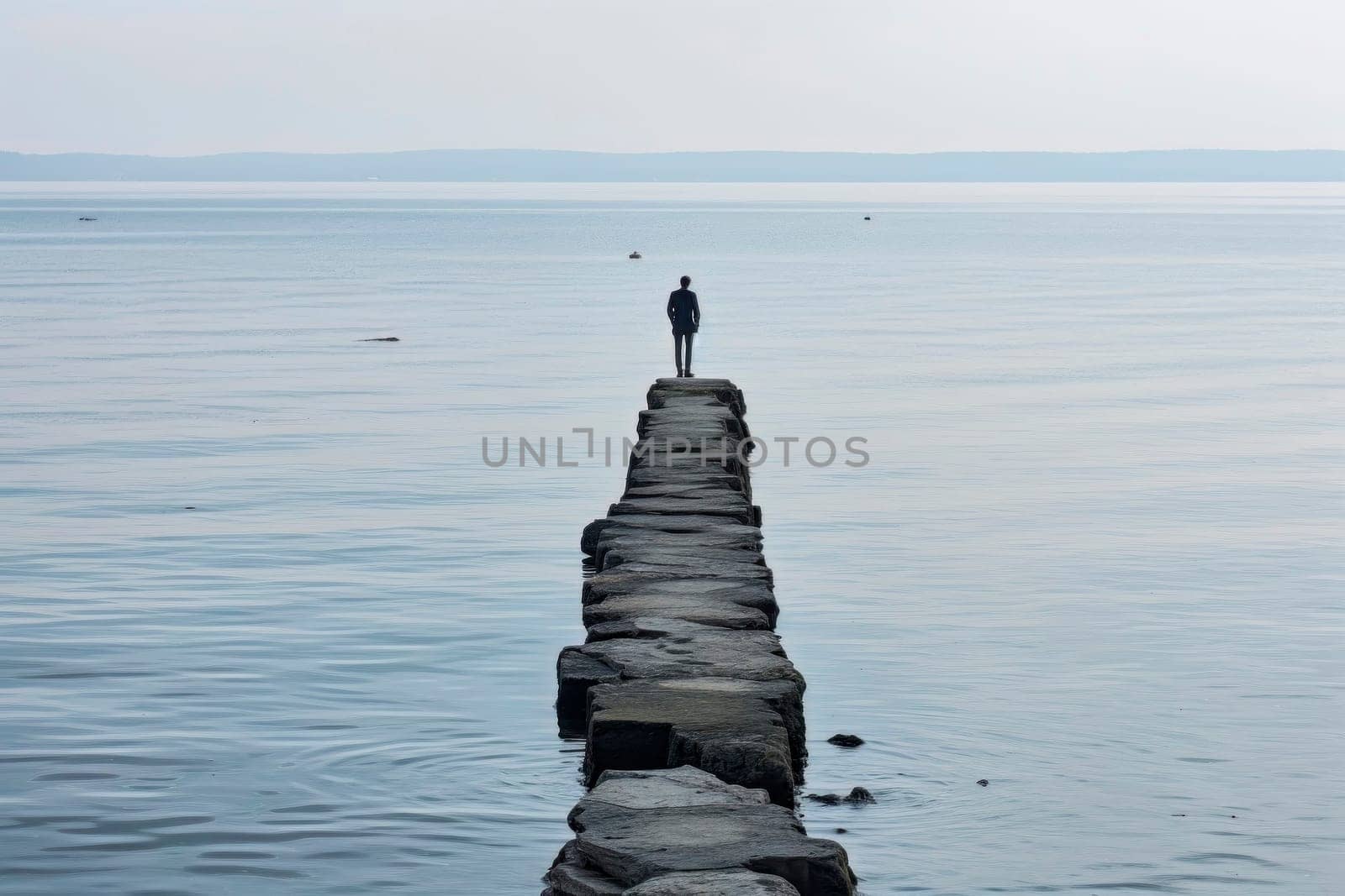 Wide shot capturing the serene silhouette of a lonely person on a sea pier.