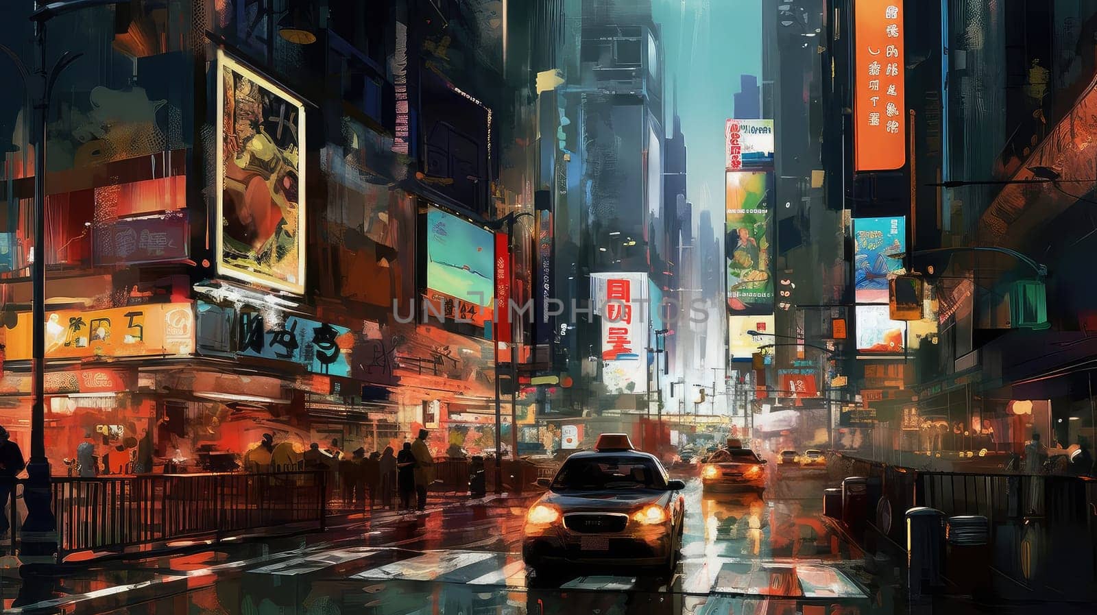 A city that never sleeps watercolor illustration - Generative AI. Building, street, neon, people, car.